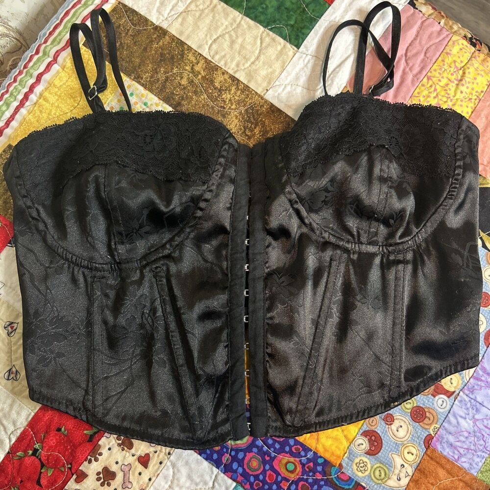 LA Hearts Women Sz XS‎ Black Satin Floral Corset Top Lace Up Goth Fairy